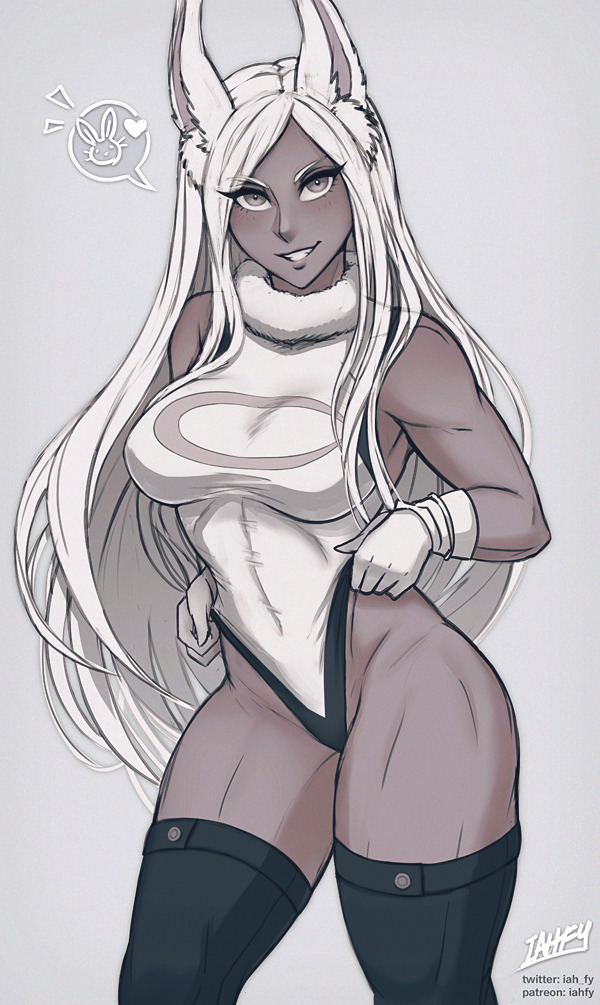 1girl animal_ear_fluff animal_ears artist_name bare_shoulders black_legwear boku_no_hero_academia breasts bunny_girl covered_navel dark_skin eyebrows_visible_through_hair eyes_visible_through_hair gloves grey_background heart iahfy leotard long_hair looking_at_viewer medium_breasts mirko muscle muscular_female patreon_username rabbit_ears simple_background smile speech_bubble thick_thighs thigh-highs thighs twitter_username watermark white_gloves white_hair white_leotard