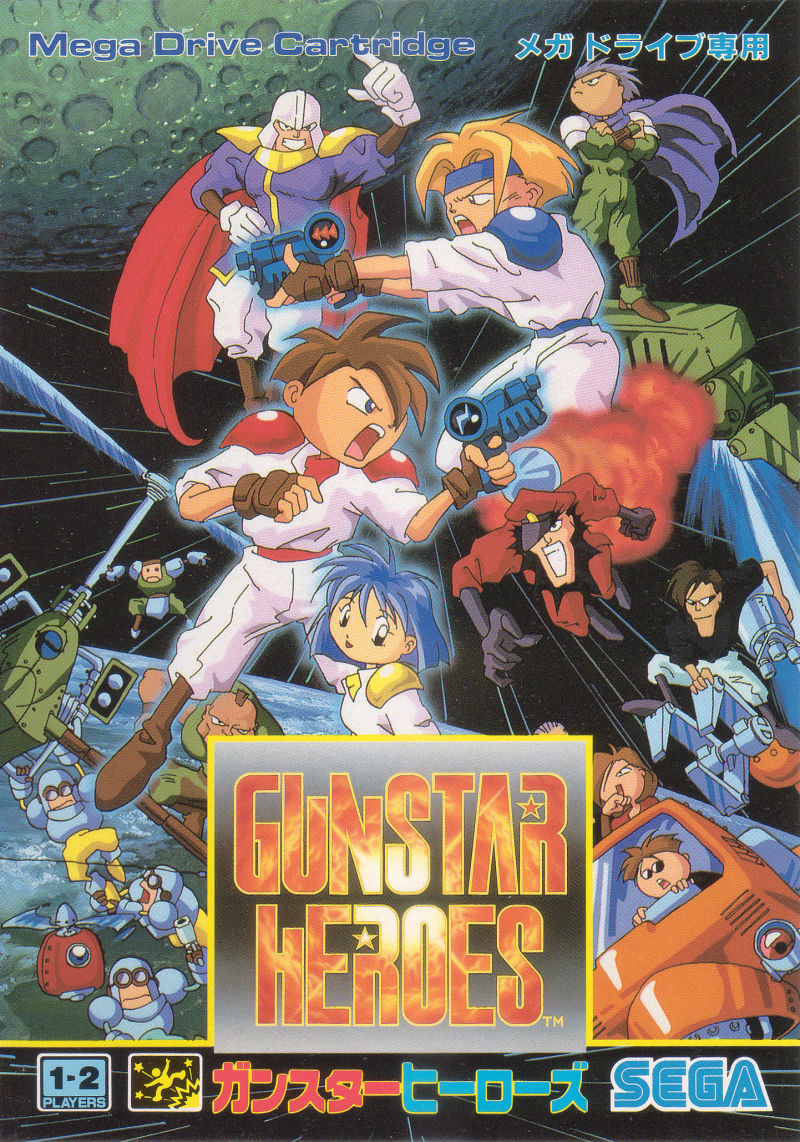 1990s_(style) 2girls aiming aircraft angry bandana belt blonde_hair blue_hair body_armor boots brown_hair cape character_request cockpit cover drone earth energy_gun everyone explosion fingerless_gloves fire game_console game_cover gloves green_(gunstar_heroes) gunstar_blue gunstar_heroes gunstar_red gunstar_yellow hat helmet logo mecha moon multiple_boys multiple_girls official_art official_style oldschool orange_(gunstar_heroes) pink_(gunstar_heroes) propeller ray_gun robot scan sega sega_mega_drive shoulder_pads smash_daisaku_(character) soldier spiky_hair tagme traditional_media translation_request treasure_(developer) uniform video_game walker weapon