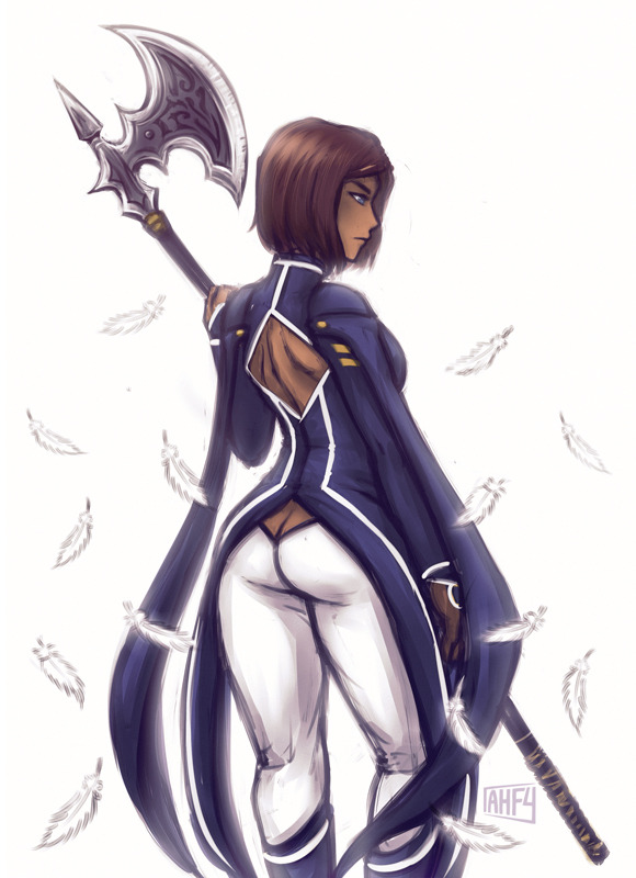 1girl artist_name ass avatar_(series) back back_cutout blue_eyes blue_shirt brown_hair dark_skin feathers feet_out_of_frame halberd holding holding_weapon iahfy korra pants polearm shirt simple_background solo the_legend_of_korra watermark weapon white_background white_pants