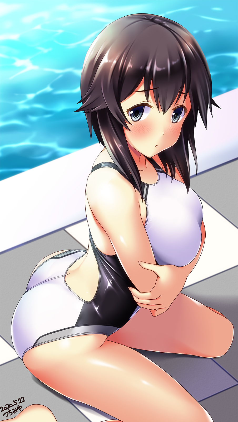 1girl :t ass bangs bare_legs bare_shoulders black_hair blush breast_hold breasts commentary_request competition_swimsuit crossed_arms dated day from_above grey_eyes hayasui_(kantai_collection) highleg highleg_swimsuit highres kantai_collection large_breasts looking_at_viewer one-piece_swimsuit pool poolside short_hair solo swimsuit tile_floor tiles tsuchimiya water white_swimsuit