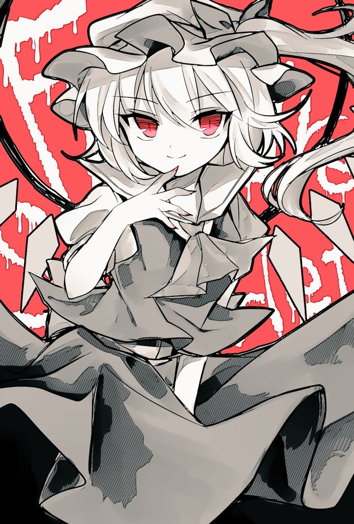 1girl ascot bow character_name commentary_request cowboy_shot crystal eyebrows_visible_through_hair finger_to_chin flandre_scarlet hat hat_bow long_hair looking_at_viewer mob_cap monochrome nagisa_shizuku one_side_up puffy_short_sleeves puffy_sleeves red_background red_eyes red_nails short_sleeves simple_background skirt slit_pupils smile solo spot_color the_embodiment_of_scarlet_devil touhou vest wings