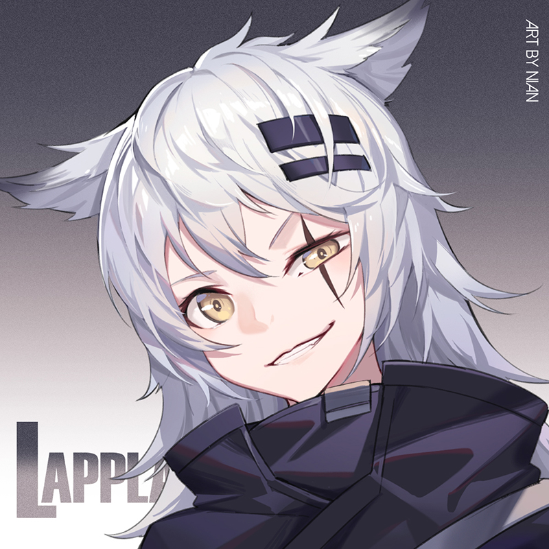 1girl animal_ears arknights artist_name bangs black_jacket character_name chinese_commentary commentary_request gradient gradient_background grey_background grin hair_between_eyes hair_ornament hairclip high_collar jacket lappland_(arknights) long_hair looking_at_viewer nian portrait scar scar_across_eye silver_hair smile solo uneven_eyes wolf_ears yellow_eyes