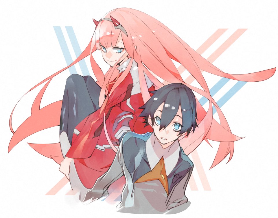 1boy 1girl bangs black_hair blue_eyes blunt_bangs closed_mouth darling_in_the_franxx eyebrows_visible_through_hair hair_between_eyes hiro_(darling_in_the_franxx) horns kukicha long_hair looking_at_another parted_lips pink_hair smile uniform zero_two_(darling_in_the_franxx)