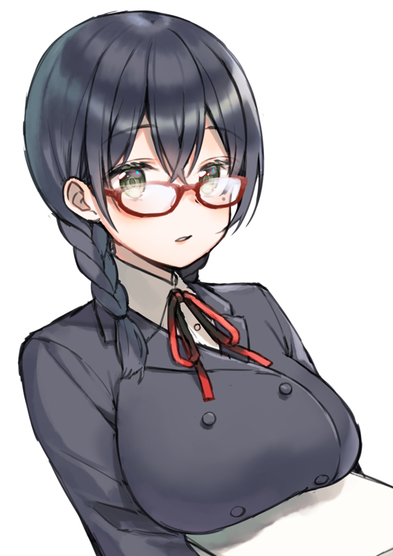 1girl bangs black_hair black_jacket blazer braid breast_rest breasts carried_breast_rest collared_shirt commentary_request eyebrows_visible_through_hair glasses green_eyes hair_between_eyes hair_over_shoulder jacket large_breasts looking_at_viewer midorikawa_you neck_ribbon original parted_lips red-framed_eyewear red_ribbon ribbon school_uniform semi-rimless_eyewear shirt simple_background solo twin_braids under-rim_eyewear upper_body white_background white_shirt