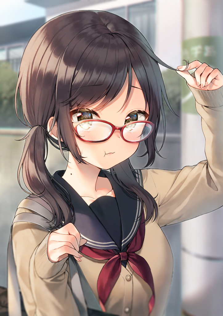 1girl apartment bag bangs beige_cardigan blurry blurry_background brown_eyes brown_hair cardigan collarbone commentary_request eyebrows_visible_through_hair glasses hair_between_eyes holding holding_hair long_hair long_sleeves looking_at_viewer low_twintails midorikawa_you mole mole_on_neck neckerchief original outdoors pout red_neckwear revision sailor_collar shiny shiny_hair shoulder_bag sidelocks solo swept_bangs twintails upper_body