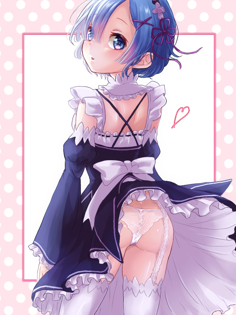 1girl artist_name ass bangs blue_eyes blue_hair blush breasts commentary_request detached_sleeves dress eyebrows_visible_through_hair frills from_behind hair_ornament hair_over_one_eye hair_ribbon heart long_sleeves looking_at_viewer maco_(crea-0328) maid maid_headdress number panties pink_ribbon re:zero_kara_hajimeru_isekai_seikatsu rem_(re:zero) ribbon short_hair solo thigh-highs underwear white_legwear white_panties x_hair_ornament