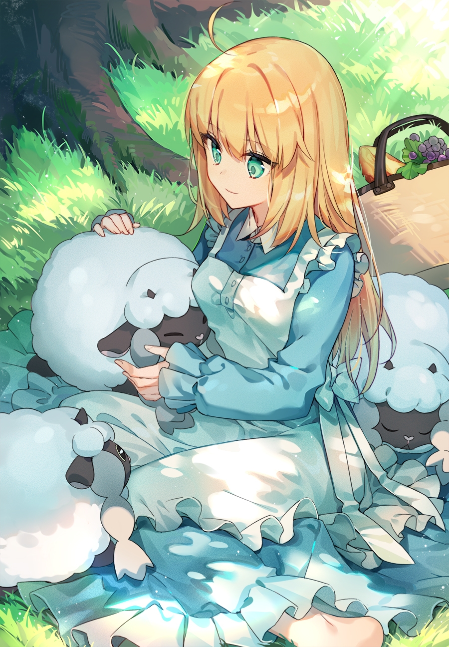 1girl ahoge apron artoria_pendragon_(all) bangs barefoot blonde_hair blue_dress breasts crossover dress eyebrows_visible_through_hair fate/stay_night fate_(series) food gen_8_pokemon green_eyes highres holding holding_pokemon kamiowl long_dress long_hair long_sleeves looking_at_animal medium_breasts pokemon pokemon_(creature) pokemon_(game) saber sheep sleeping smile symbol_commentary white_apron wooloo