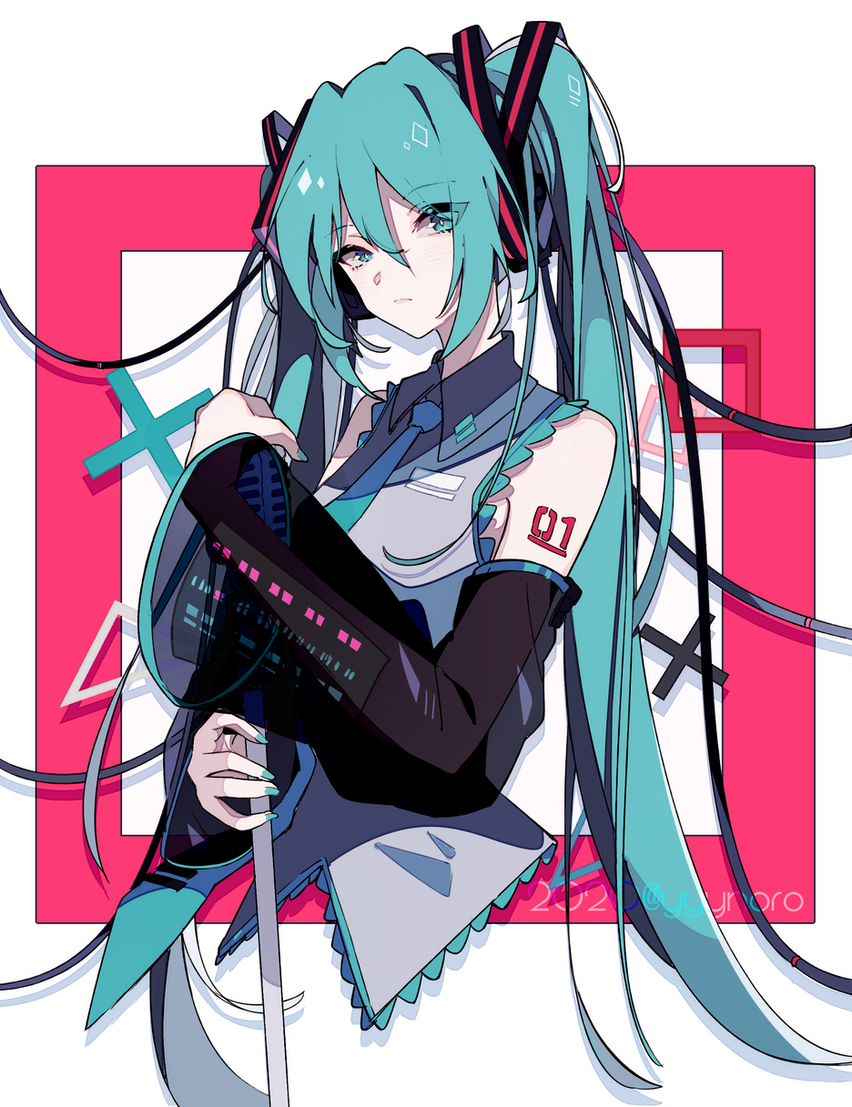 1girl bare_shoulders black_sleeves blue_eyes blue_hair blue_nails blue_neckwear breasts captain_yue collared_shirt commentary_request cropped_torso detached_sleeves eyes_visible_through_hair grey_shirt hair_ornament hatsune_miku highres long_hair long_sleeves looking_at_viewer nail_polish necktie pink_background see-through see-through_sleeves shirt sleeveless sleeveless_shirt small_breasts solo twintails twitter_username two-tone_background upper_body very_long_hair vocaloid white_background wide_sleeves