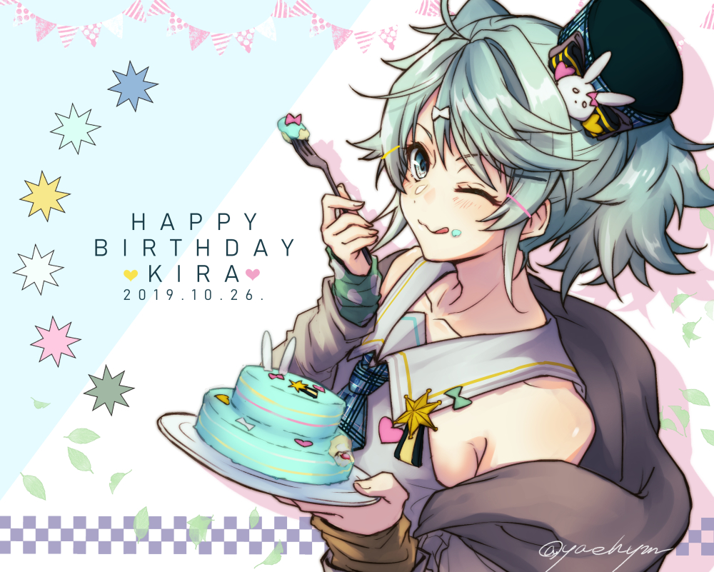 1boy ;3 ahoge bare_shoulders birthday_cake blue_neckwear blush cake character_name closed_mouth collarbone detached_sleeves dish eating eyebrows_visible_through_hair food fork green_eyes green_hair hair_ornament hairclip happy_birthday hat heart holding holding_fork holostars jacket kagami_kira long_sleeves looking_at_viewer male_focus medium_hair necktie one_eye_closed otoko_no_ko smile solo tongue tongue_out two_side_up upper_body virtual_youtuber yaeyama_reishi