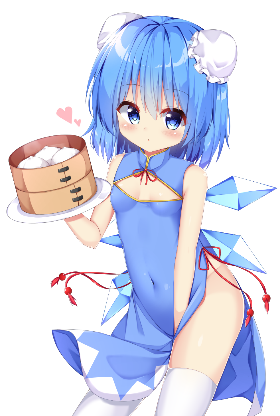 1girl alternate_costume alternate_hairstyle alternate_headwear bamboo_steamer baozi between_legs blue_dress blue_eyes blue_hair breasts china_dress chinese_clothes cirno cleavage_cutout contrapposto cowboy_shot double_bun dress expressionless eyebrows_visible_through_hair food hair_between_eyes hand_between_legs heart highres holding holding_tray impossible_clothes impossible_dress kuraaken light_blush looking_at_viewer navel no_panties short_hair simple_background skirt_hold small_breasts solo standing thigh-highs touhou tray white_background white_legwear wings