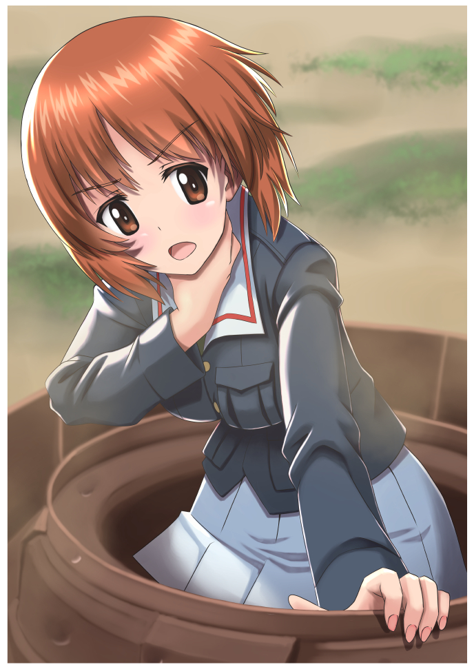 1girl arm_support bangs blue_jacket brown_eyes brown_hair commentary_request day eyebrows_visible_through_hair frown girls_und_panzer hand_on_own_throat jacket leaning_forward long_sleeves military military_uniform nishizumi_miho ooarai_military_uniform open_mouth outdoors outline short_hair solo t_k tank_cupola uniform white_outline