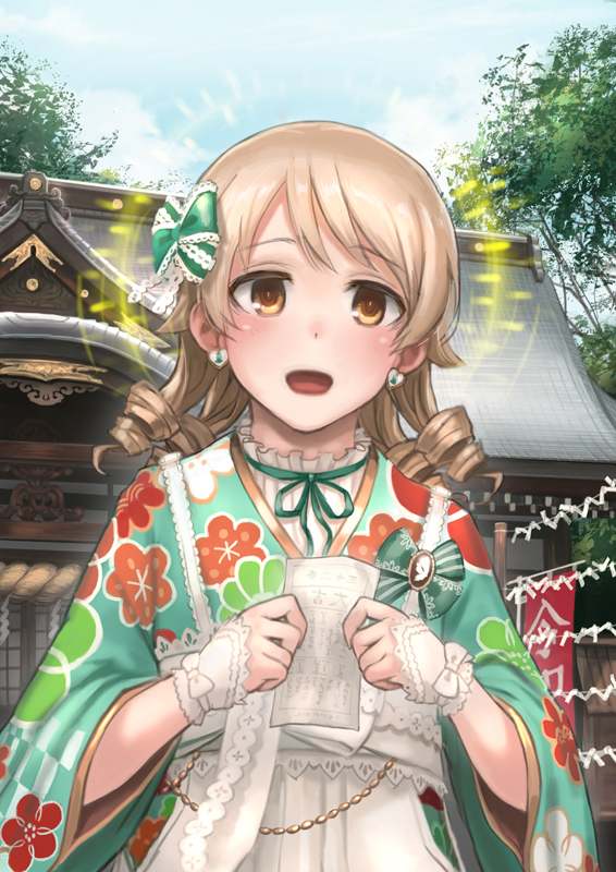 +++ 1girl :d blonde_hair commentary_request day drill_hair earrings eyebrows_visible_through_hair floral_print green_ribbon hair_ribbon holding idolmaster idolmaster_cinderella_girls idolmaster_cinderella_girls_starlight_stage japanese_clothes jewelry kimono lif medium_hair morikubo_nono neck_ribbon omikuji open_mouth orange_eyes outdoors print_kimono ribbon rope shide shimenawa shrine smile solo upper_body wrist_cuffs