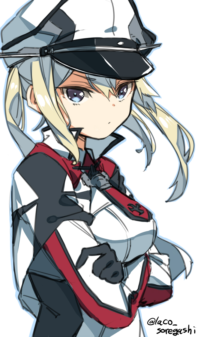 1girl bangs black_gloves blonde_hair blue_eyes capelet closed_mouth crossed_arms eyebrows_visible_through_hair gloves graf_zeppelin_(kantai_collection) hair_between_eyes hat iron_cross kantai_collection laco_soregashi long_hair long_sleeves military military_uniform peaked_cap simple_background solo twintails uniform upper_body white_background