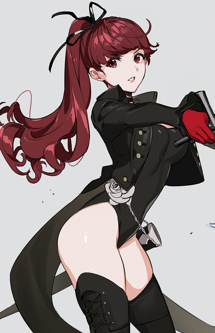 1girl artist_request atlus black_jacket black_legwear black_leotard bow breasts gloves grey_background hair_bow jacket leotard long_hair long_sleeves looking_at_viewer parted_lips persona persona_5 persona_5_the_royal ponytail red_eyes red_gloves redhead ribbon shiny shiny_skin simple_background solo sword thigh-highs weapon yoshizawa_kasumi