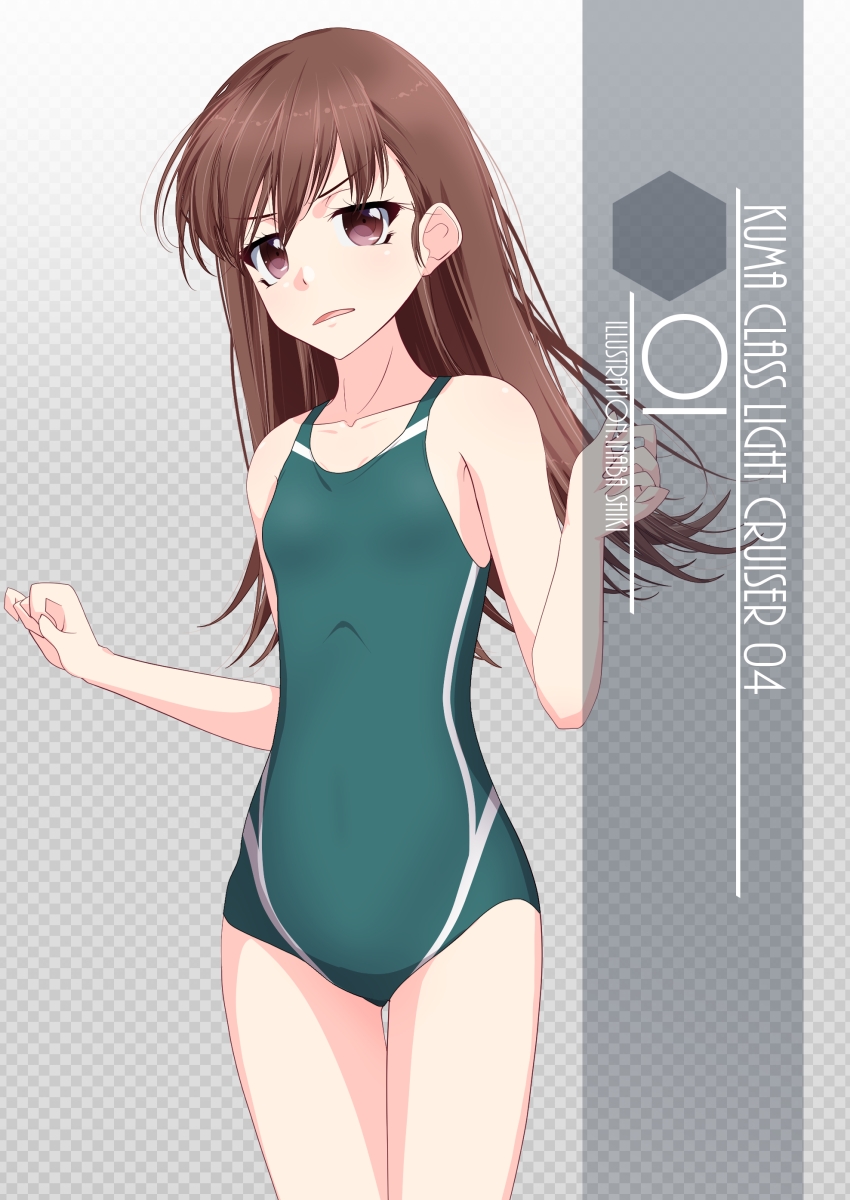 1girl alternate_breast_size artist_name brown_eyes brown_hair character_name checkered checkered_background commentary_request competition_swimsuit cowboy_shot flat_chest gradient gradient_background green_swimsuit highres inaba_shiki kantai_collection long_hair looking_at_viewer one-piece_swimsuit ooi_(kantai_collection) solo swimsuit thigh_gap