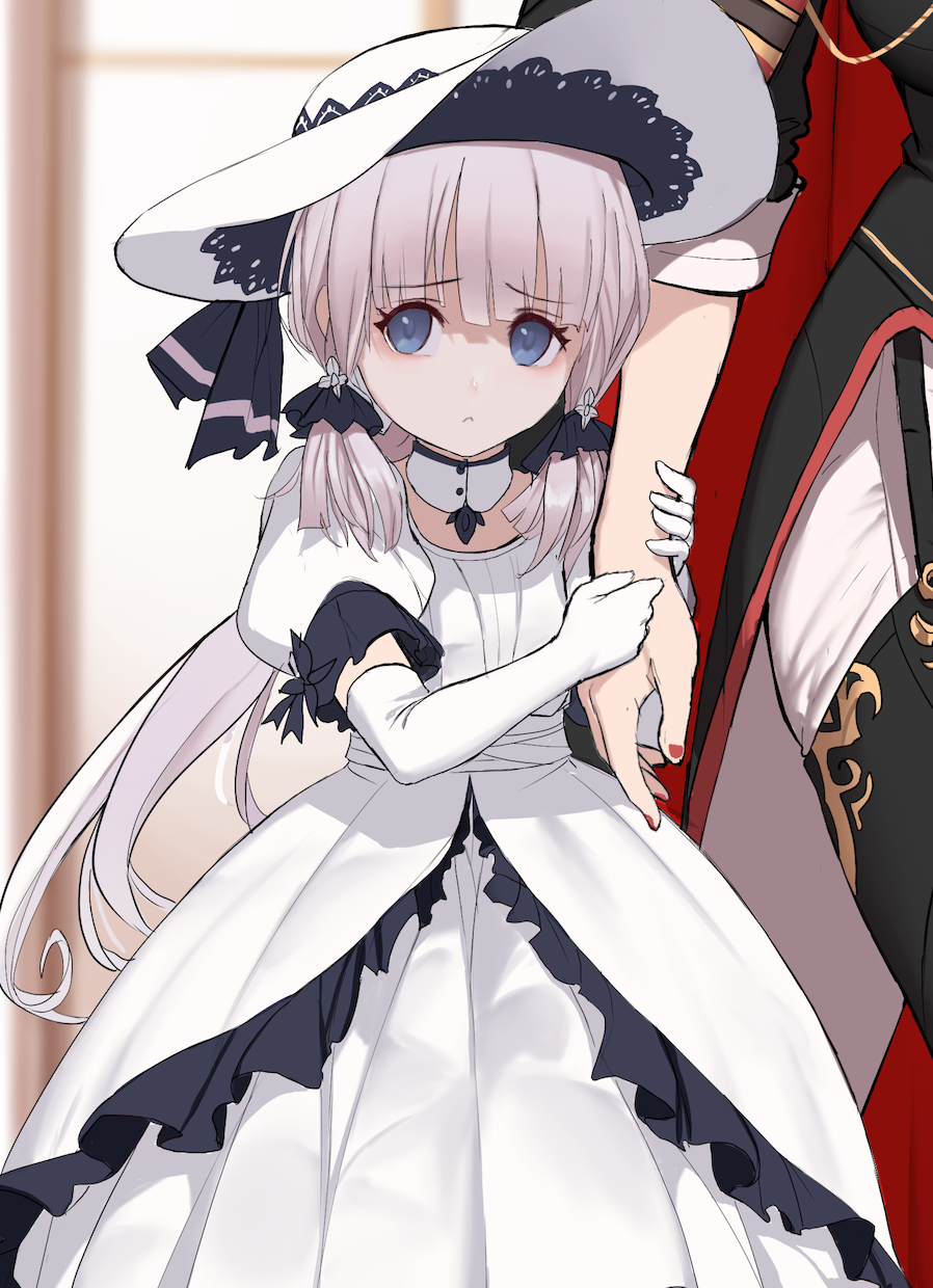 1girl :o arm_holding azur_lane bangs black_footwear blue_eyes boots child clinging detached_collar dishwasher1910 dress elbow_gloves gloves hair_ribbon hand_on_another's_arm hat hat_ribbon highres illustrious_(azur_lane) lace_trim long_hair looking_at_viewer nail_polish out_of_frame ponytail puffy_short_sleeves puffy_sleeves red_nails ribbon short_sleeves shy sidelocks silver_hair solo_focus standing sun_hat thigh-highs thigh_boots tress_ribbon very_long_hair white_dress white_gloves white_headwear younger