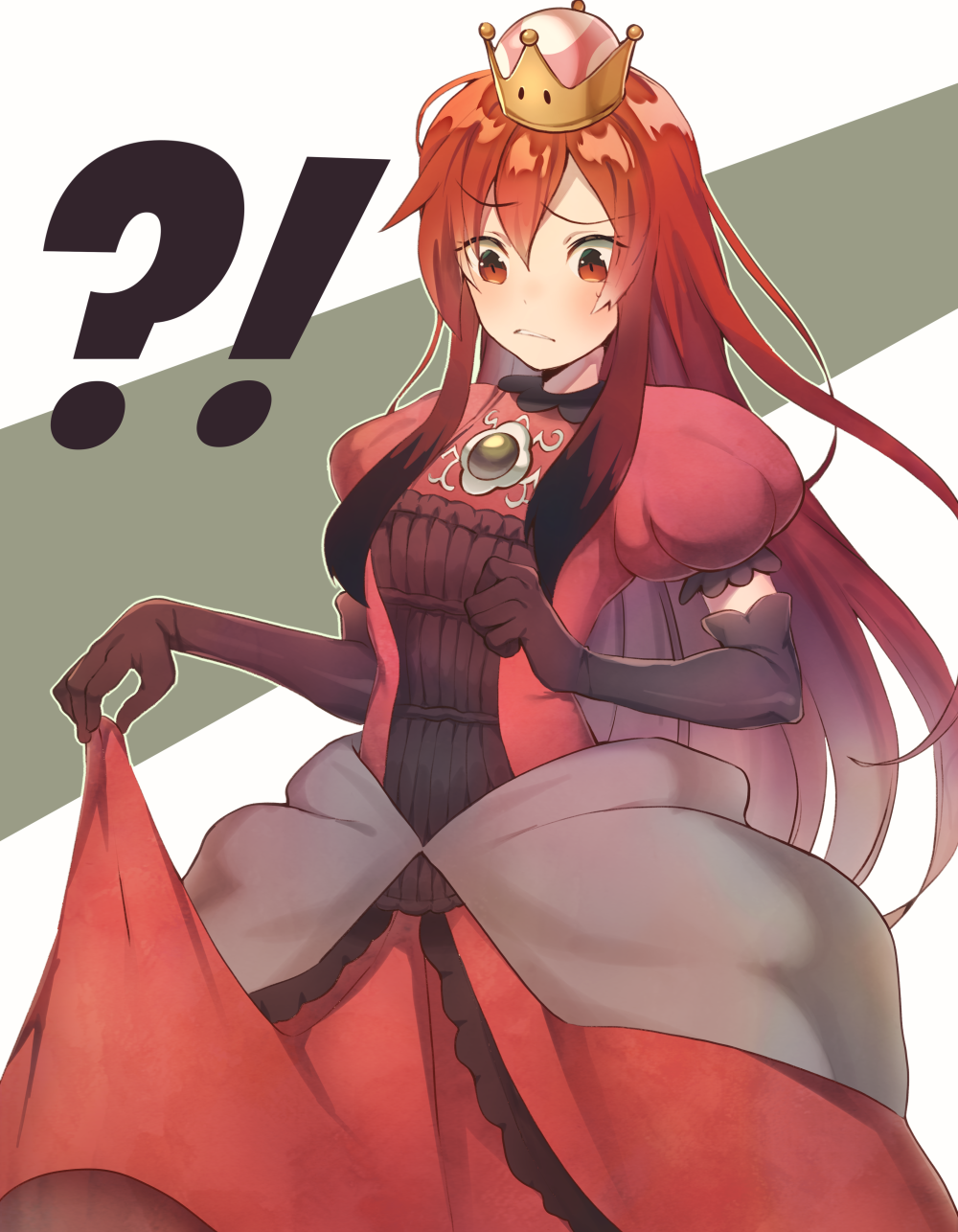 !? 1girl bangs black_gloves blush breasts brown_eyes character_request crown dress elbow_gloves eyebrows_visible_through_hair gloves grey_background hair_between_eyes highres long_hair super_mario_bros. mini_crown new_super_mario_bros._u_deluxe numbers_(boars) parted_lips puffy_short_sleeves puffy_sleeves red_dress redhead short_sleeves skirt_hold small_breasts super_crown two-tone_background very_long_hair white_background