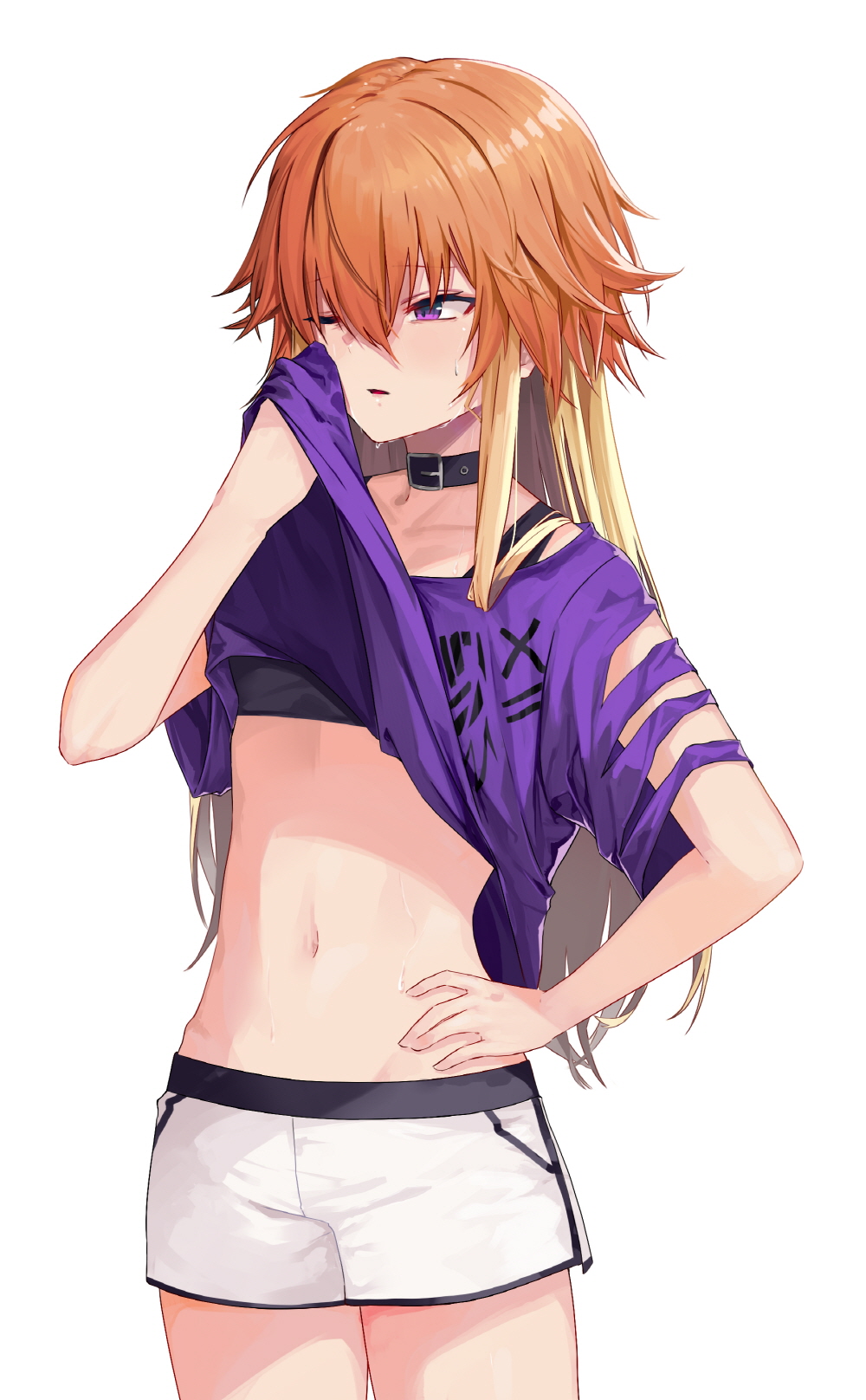 1girl black_bra blonde_hair bra breasts choker cowboy_shot hand_on_hip hand_up highres idolmaster idolmaster_cinderella_girls long_hair looking_away midriff multicolored_hair navel ninomiya_asuka one_eye_closed orange_hair parted_lips purple_shirt shirt shirt_lift short_shorts short_sleeves shorts simple_background small_breasts solo soya_(torga) standing stomach sweat torn_clothes torn_shirt two-tone_hair underwear violet_eyes white_background white_shorts