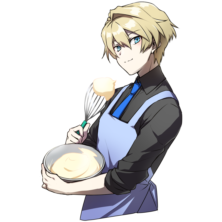 1boy apron aqua_eyes baking black_shirt blonde_hair blue_apron blue_neckwear closed_mouth commentary_request hair_between_eyes holding holding_whisk holostars kishidou_tenma long_sleeves looking_at_viewer male_focus mixing_bowl necktie shirt short_hair simple_background smile solo transparent_background upper_body virtual_youtuber whisk wing_collar yaeyama_reishi