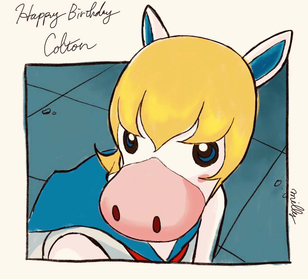 1boy animal_ears anthony_(doubutsu_no_mori) artist_name bishoujo_senshi_sailor_moon blonde_hair blue_eyes blue_sailor_collar blush_stickers character_name commentary_request cosplay doubutsu_no_mori hair_between_eyes happy_birthday horse horse_ears male_focus milly_(illst) sailor_collar sailor_moon sailor_moon_(cosplay) sailor_moon_redraw_challenge solo