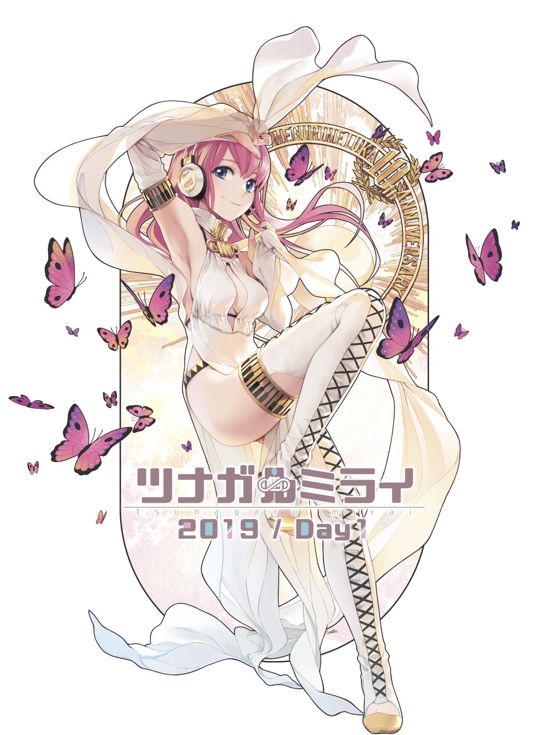 1girl 2019 anniversary arm_up armpits blue_eyes breasts bug butterfly commentary detached_sleeves flowing_dress full_body headphones highres insect lena_(zoal) long_hair looking_at_viewer medium_breasts megurine_luka nail_polish piano_print pink_butterfly pink_hair pink_nails smile solo thigh-highs vocaloid white_legwear white_sleeves
