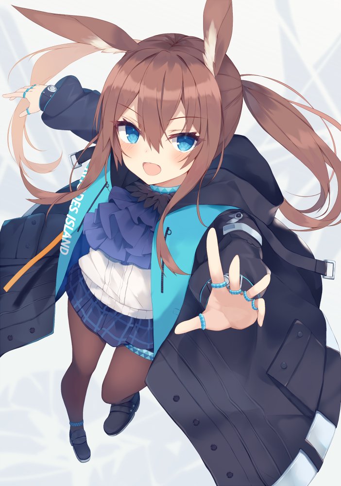 1girl :d amiya_(arknights) animal_ears arknights ascot black_jacket blue_eyes blue_skirt brown_hair brown_legwear foreshortening from_above hair_between_eyes hood hood_down hooded_jacket jacket jewelry long_hair long_sleeves looking_at_viewer miniskirt multiple_rings nibiiro_shizuka open_clothes open_jacket open_mouth pantyhose pleated_skirt ponytail rabbit_ears ring shirt shoes skirt smile solo white_background white_shirt