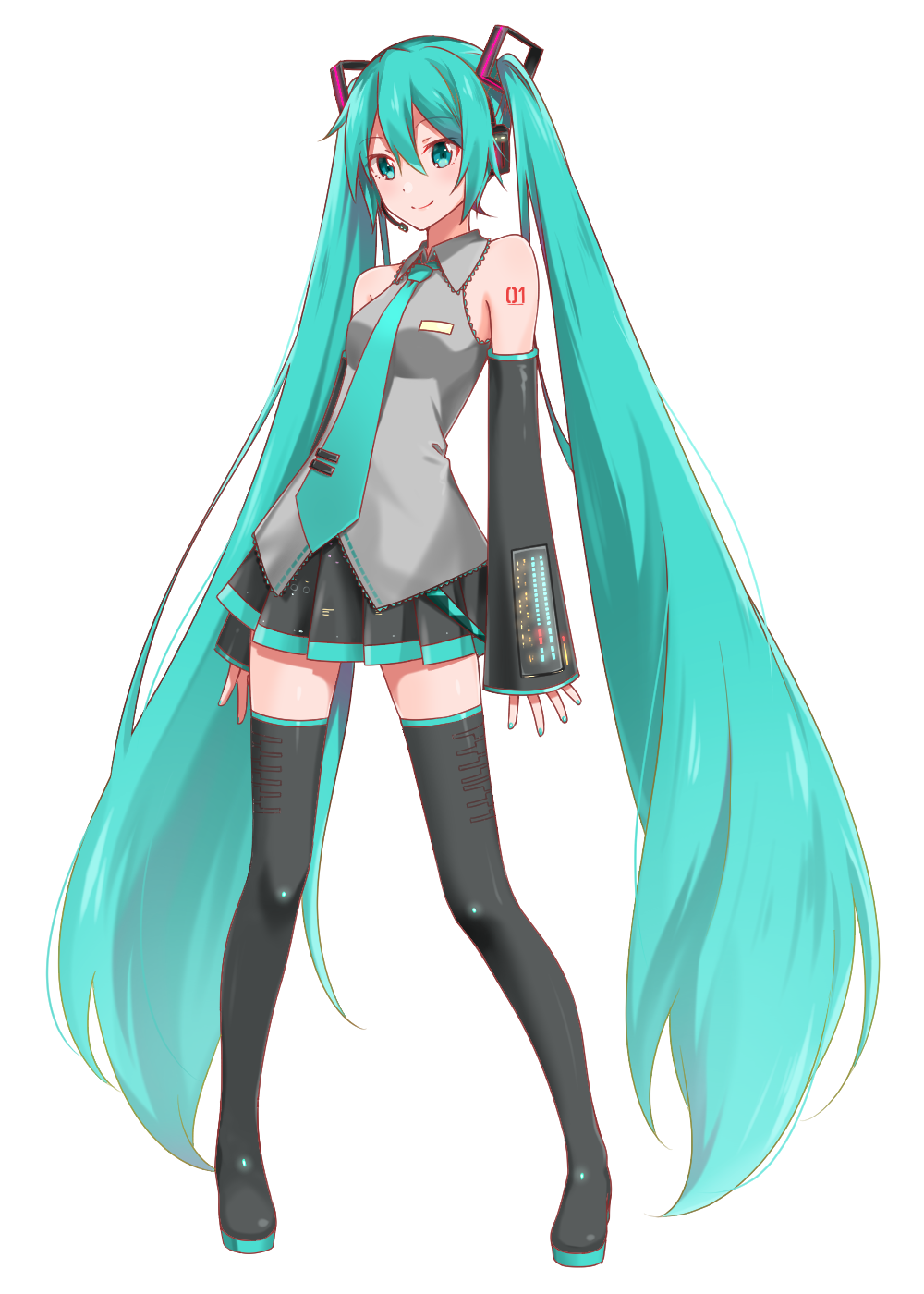 1girl aqua_eyes aqua_hair aqua_neckwear black_legwear black_skirt closed_mouth commentary_request derivative_work detached_sleeves full_body hatsune_miku headset highres long_hair looking_at_viewer necktie shoulder_tattoo simple_background skirt sleeves_past_wrists smile so_ra_01_02 solo standing tattoo thigh-highs twintails twitter_username very_long_hair vocaloid vocaloid_boxart_pose white_background zettai_ryouiki