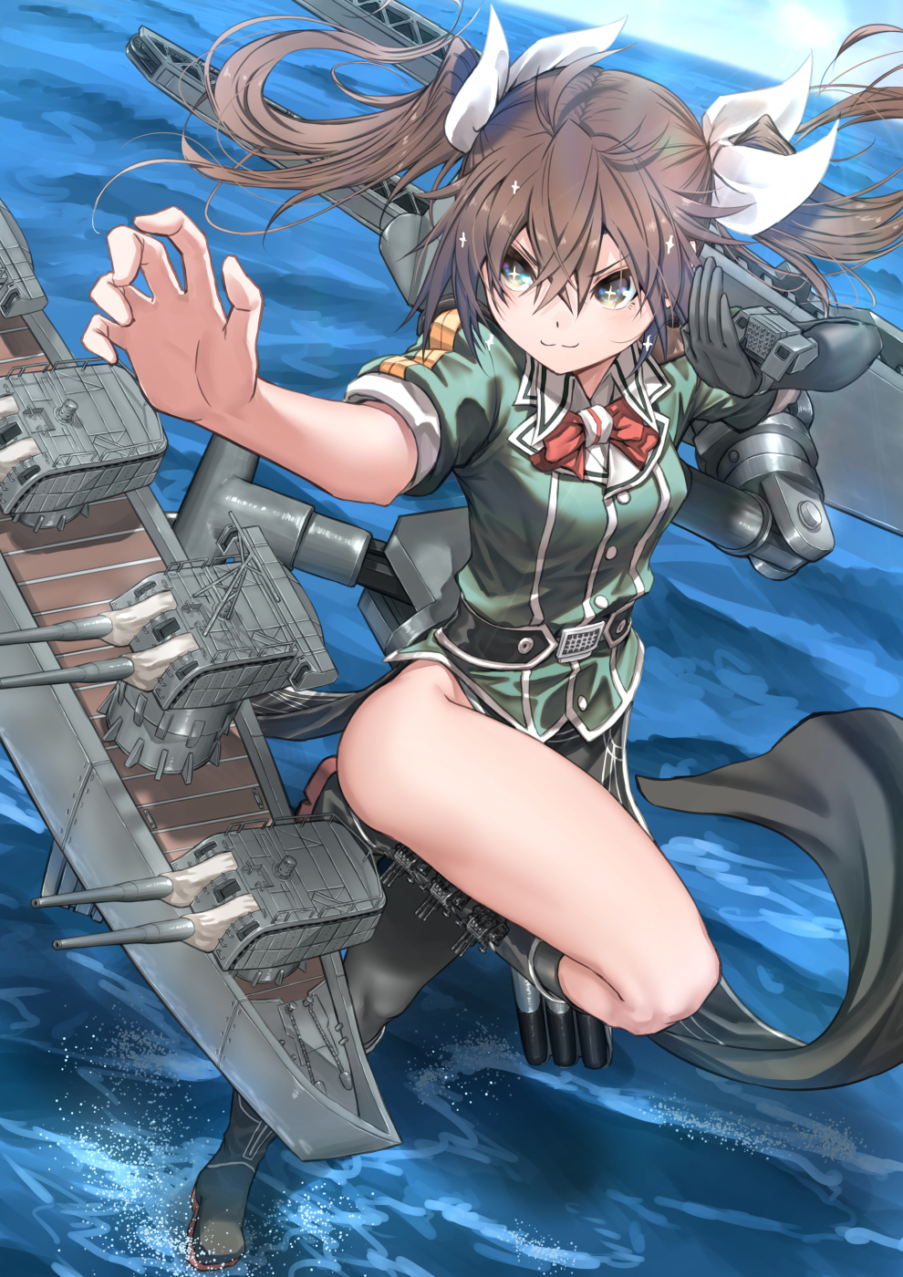 1girl :3 bangs black_footwear black_gloves boots breasts brown_hair commentary day elbow_gloves gloves hair_between_eyes hair_ribbon highres kantai_collection knee_boots leg_up long_hair ocean outdoors pelvic_curtain pose red_neckwear remodel_(kantai_collection) ribbon rigging short_sleeves single_elbow_glove single_glove solo sparkle sparkling_eyes standing standing_on_one_leg tone_(kantai_collection) twintails water zombie_mogura