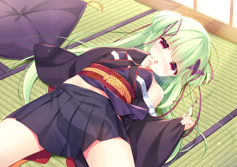 1girl bangs black_skirt blush breasts butterfly_hair_ornament chestnut_mouth commentary_request cushion eyebrows_visible_through_hair green_hair hair_ornament hair_ribbon half-closed_eyes hands_up ikataruto indoors long_hair long_sleeves looking_at_viewer lying murasame_(senren) obi on_back on_floor parted_lips pinching pleated_skirt purple_ribbon red_eyes ribbon sash senren_banka skirt sleeves_past_wrists small_breasts solo tatami two_side_up very_long_hair wide_sleeves zabuton