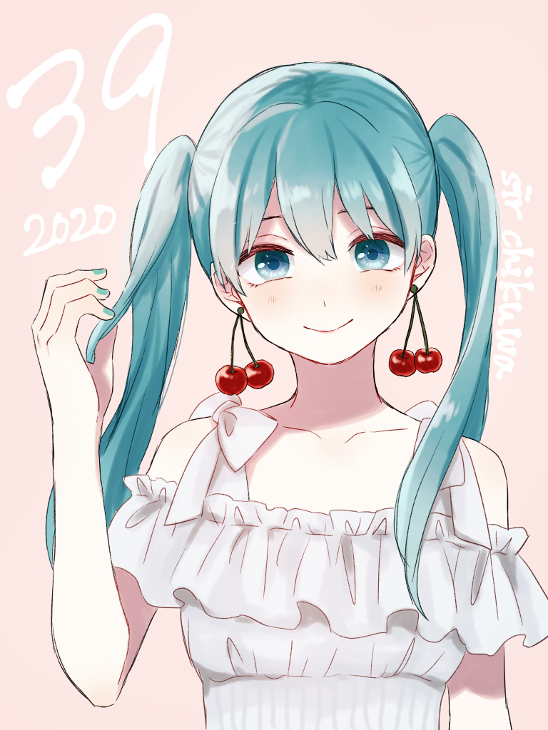 1girl 39 2020 alternate_costume arm_at_side bare_arms bare_shoulders blue_eyes blue_hair blue_nails blush breasts cherry cherry_earrings closed_mouth collarbone dated dot_nose earrings fingernails food food_themed_earrings frilled_shirt frills fruit hair_between_eyes hand_in_hair hand_up happy hatsune_miku jewelry long_hair looking_at_viewer medium_breasts number off-shoulder_shirt off_shoulder pale_skin pink_background ribbon shaded_face shiny shiny_hair shirt simple_background smile solo standing straight_hair twintails upper_body uyo_oto vocaloid white_ribbon white_shirt