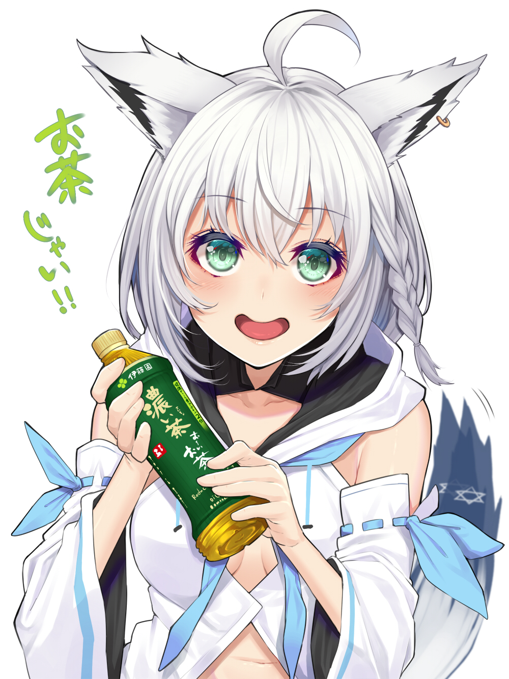1girl ahoge animal_ear_fluff animal_ears bangs bare_shoulders blush bottle braid breasts collarbone commentary_request earrings eyebrows_visible_through_hair fox_ears fox_girl fox_tail green_eyes grey_hair hair_between_eyes highres holding holding_bottle hololive jewelry long_hair looking_at_viewer mikan_(chipstar182) open_mouth pentagram shirakami_fubuki simple_background smile solo tail translation_request virtual_youtuber white_background white_hair