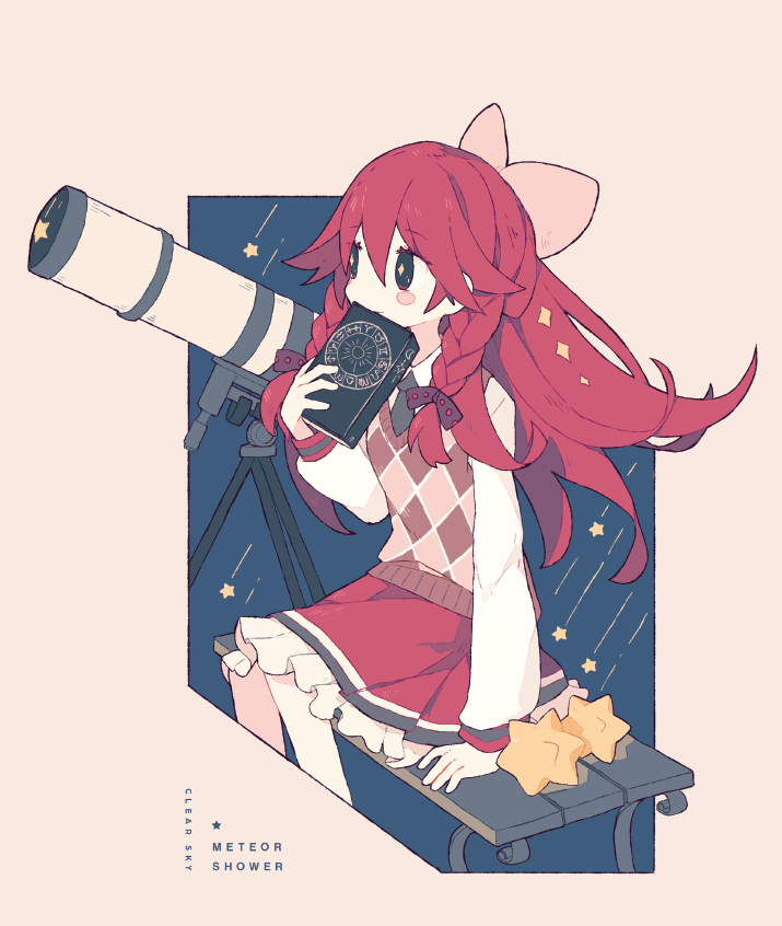 1girl bench black_eyes blush_stickers book bow braid checkered checkered_vest commentary covering_mouth doubutsu_no_mori english_commentary fuuko_(doubutsu_no_mori) hair_bow long_hair long_sleeves looking_away melanbread personification pink_background pink_bow redhead sitting solo telescope twin_braids vest