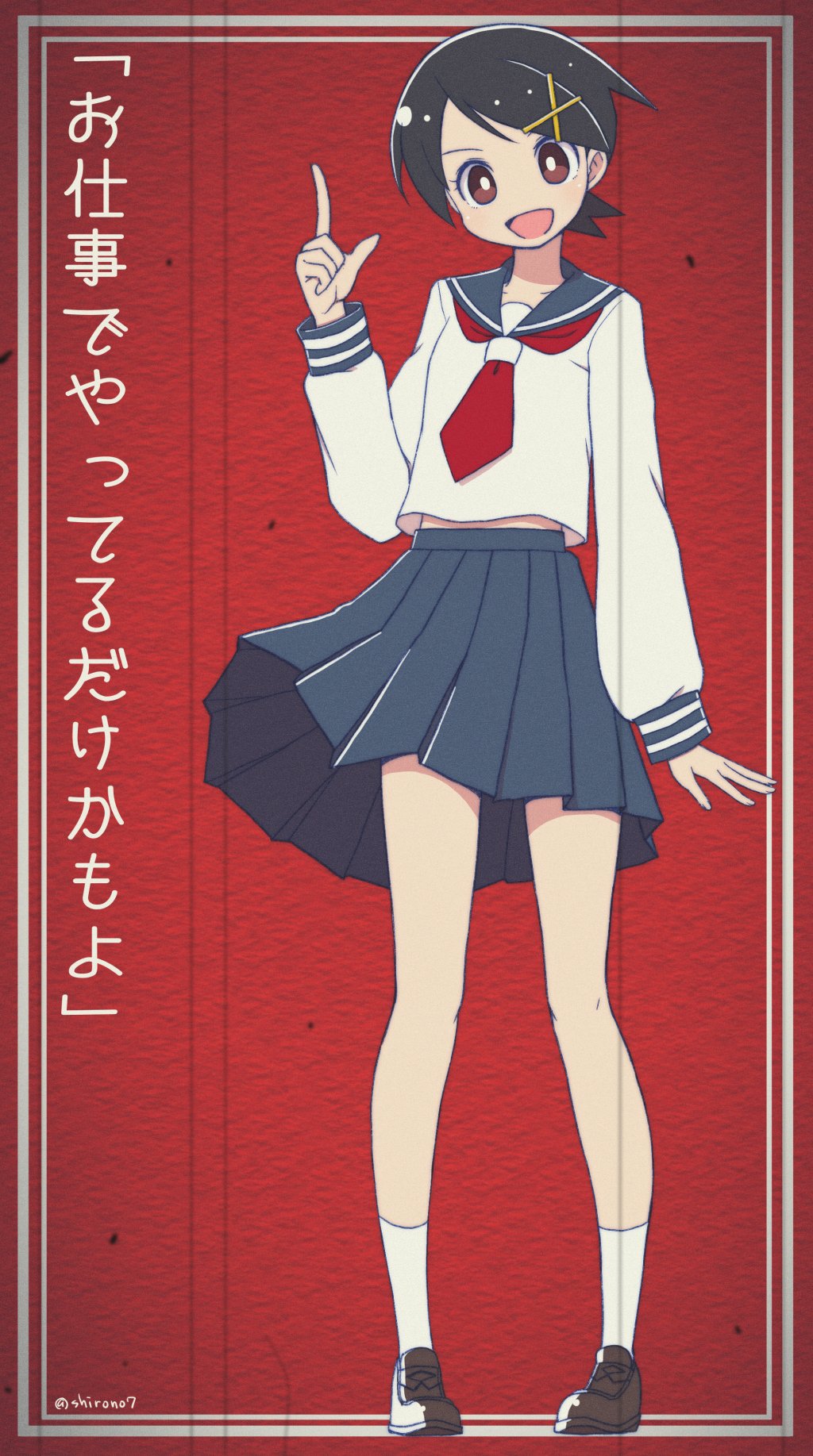 1girl :d arm_at_side black_hair blue_sailor_collar blue_skirt border brown_eyes brown_footwear collarbone commentary_request fingernails full_body fuura_kafuka hair_ornament happy head_tilt highres index_finger_raised legs_apart loafers long_sleeves looking_at_viewer midriff_peek neckerchief no_nose open_mouth pleated_skirt red_background red_neckwear sailor_collar sayonara_zetsubou_sensei school_uniform shiny shiny_hair shiny_skin shirono shoes short_hair simple_background skirt sleeves_past_wrists smile socks solo standing translation_request twitter_username uniform very_short_hair white_border white_legwear x_hair_ornament