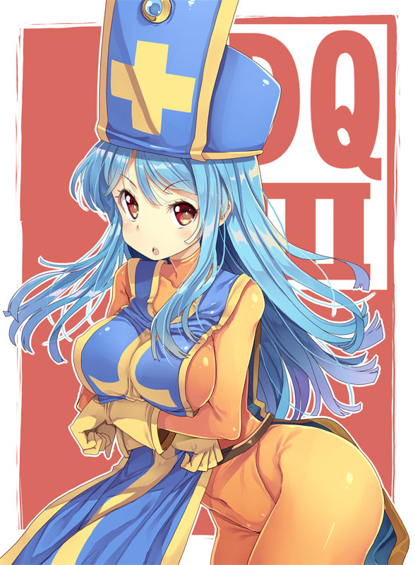 1girl blue_hair blush bodysuit breasts copyright_name covered_navel cowboy_shot cross dragon_quest dragon_quest_iii gloves large_breasts long_hair looking_at_viewer mitre open_mouth orange_bodysuit pantyhose priest_(dq3) red_background red_eyes solo tabard tsurime tsurugi_hagane