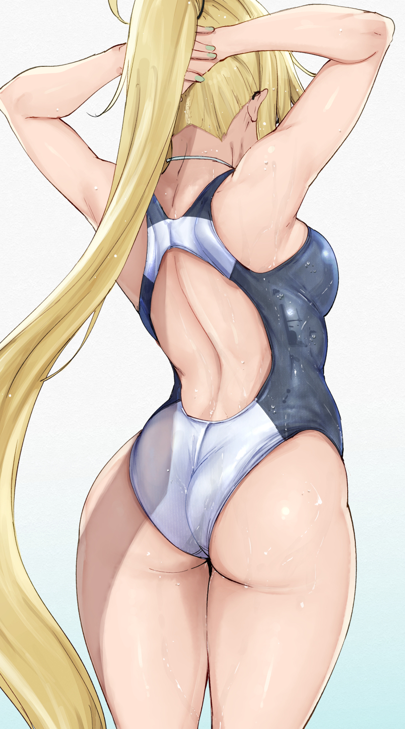 1girl alp arms_up ass black_hairband blonde_hair breasts commentary competition_swimsuit fate/grand_order fate_(series) from_behind hairband highres jeanne_d'arc_(fate)_(all) jeanne_d'arc_(swimsuit_archer) long_hair medium_breasts nape one-piece_swimsuit ponytail shiny shiny_hair shiny_skin solo standing swimsuit very_long_hair wet white_swimsuit