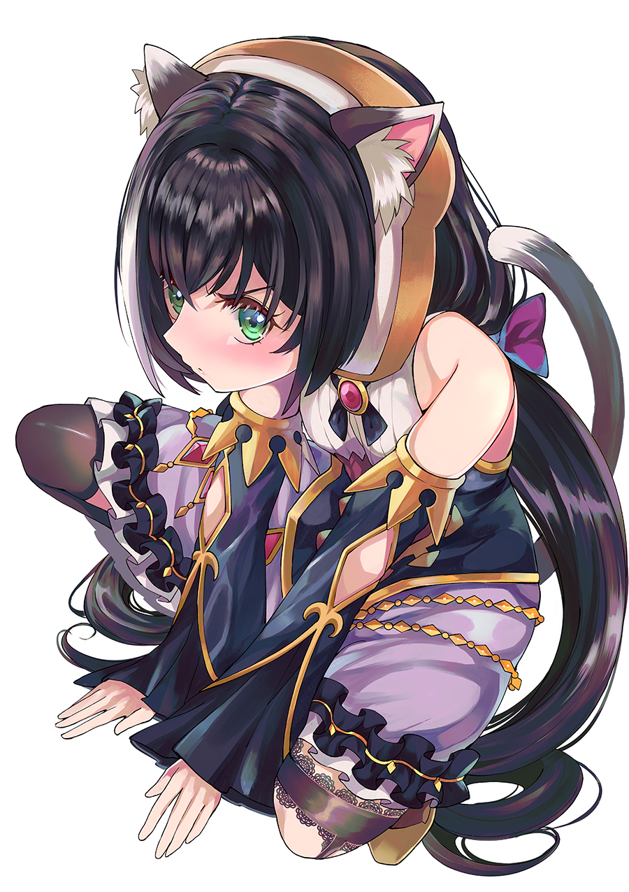 1girl animal_ear_fluff animal_ears arms_between_legs bare_shoulders black_hair bread cat_ears cat_girl cat_tail commentary_request detached_sleeves eyebrows_visible_through_hair food hair_between_eyes highres kaltoma karyl_(princess_connect!) long_hair looking_at_viewer low_twintails multicolored_hair princess_connect! princess_connect!_re:dive short_hair simple_background solo spread_legs squatting tail twintails two-tone_hair v-shaped_eyebrows white_background white_hair