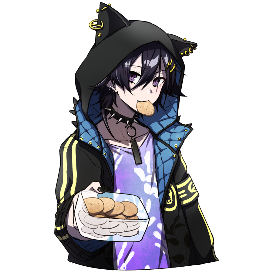 1boy animal_ears animal_hood black_footwear black_hair black_nails collar collarbone cookie food food_in_mouth hair_between_eyes hand_print holostars hood hood_up hoodie kanade_izuru looking_at_viewer male_focus nail_polish o-ring solo spiked_collar spikes transparent_background upper_body violet_eyes virtual_youtuber yaeyama_reishi