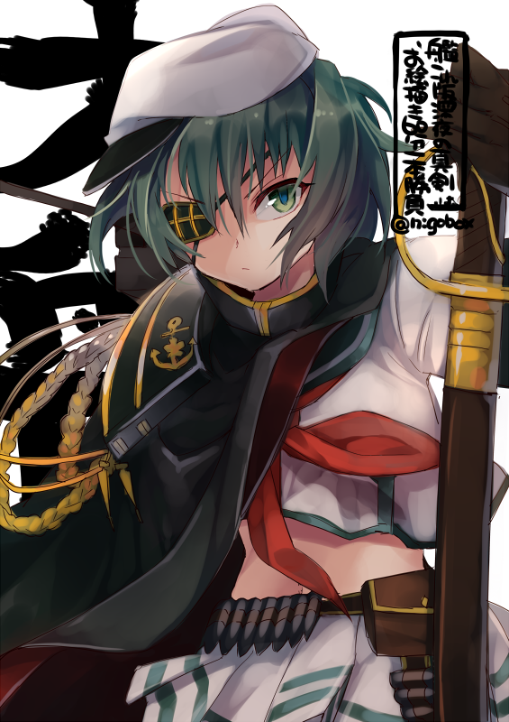 1girl anchor_symbol black_hair brown_gloves cape character_name cutlass_(sword) eyepatch gloves green_eyes green_sailor_collar hat kantai_collection kiso_(kantai_collection) neckerchief nigo pauldrons pleated_skirt red_neckwear remodel_(kantai_collection) sailor_collar sailor_hat school_uniform serafuku sheath sheathed short_hair simple_background skirt solo sword twitter_username upper_body weapon white_background white_headwear white_skirt