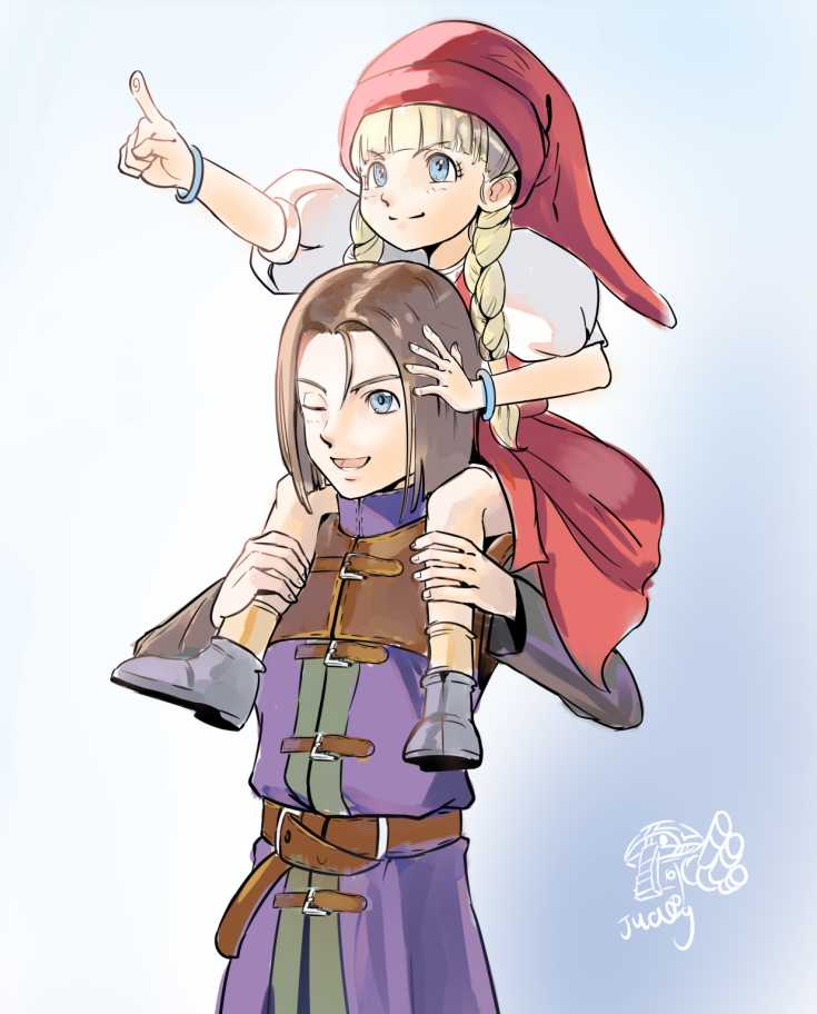 1boy 1girl bangs blonde_hair blue_background blue_eyes blunt_bangs braid brown_hair carrying dragon_quest dragon_quest_xi dress hat hero_(dq11) kyuuakaku one_eye_closed open_mouth pointing puffy_short_sleeves puffy_sleeves red_dress red_headwear short_sleeves shoulder_carry signature smile twin_braids veronica_(dq11)