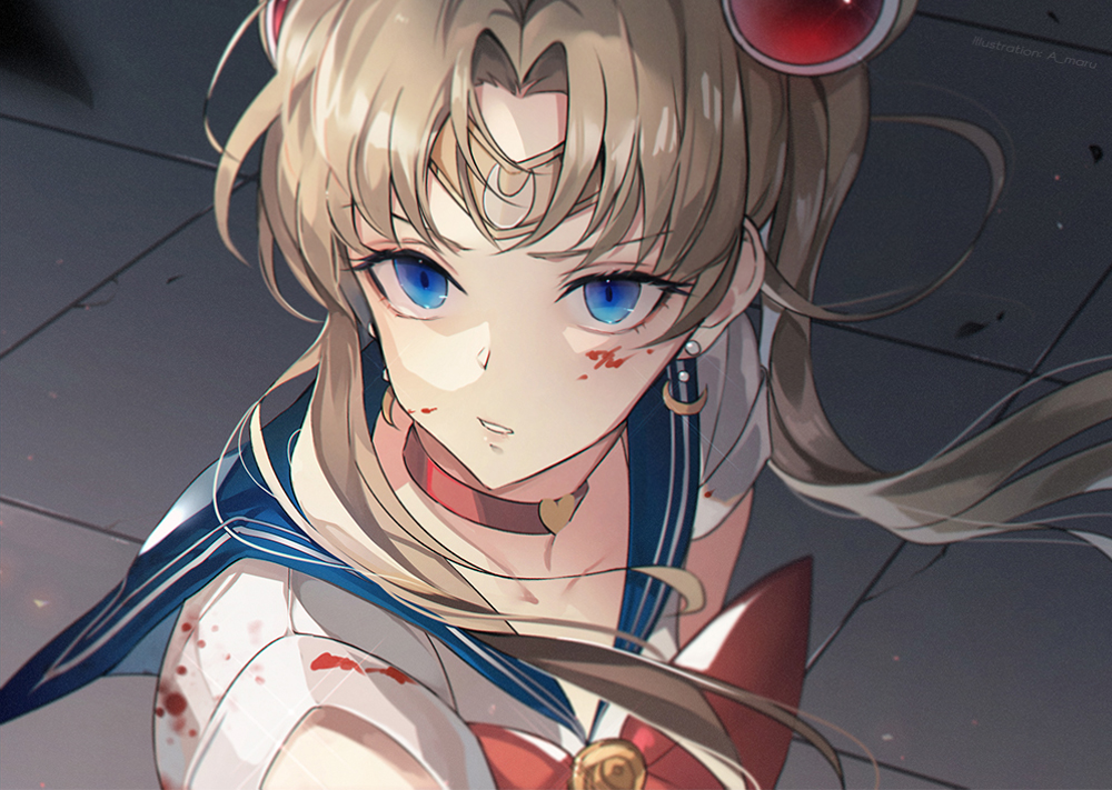1girl bangs bishoujo_senshi_sailor_moon blonde_hair blood blood_on_face bloody_clothes blue_eyes blue_sailor_collar breasts choker circlet collarbone commentary_request crescent crescent_earrings earrings eyebrows_visible_through_hair hair_ornament hair_over_shoulder heart heart_choker jewelry long_hair parted_bangs red_choker sailor_collar sailor_moon sailor_moon_redraw_challenge sailor_senshi_uniform short_sleeves solo twintails unity_(ekvmsp02) upper_body