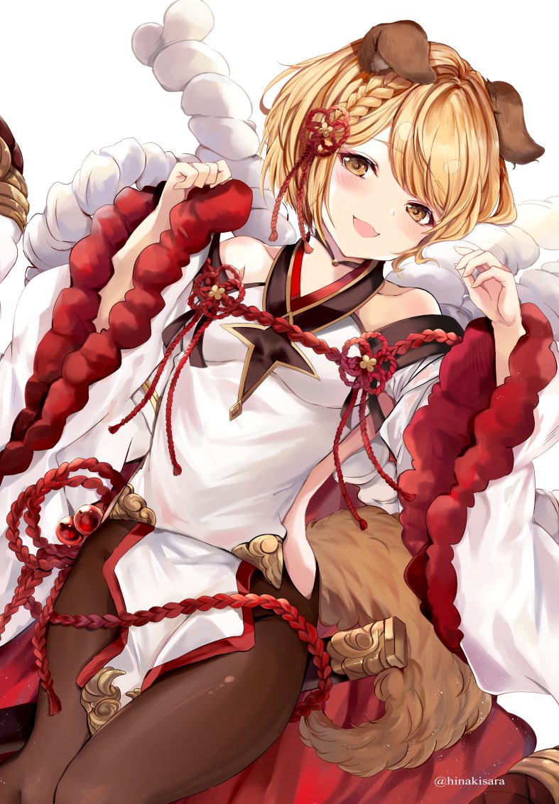 1girl animal_ears backless_outfit black_legwear blonde_hair blush braid detached_sleeves dog_ears dog_girl dog_tail erune eyebrows_visible_through_hair granblue_fantasy hinahino long_sleeves pantyhose short_hair smile solo tail vajra_(granblue_fantasy) wide_sleeves yellow_eyes