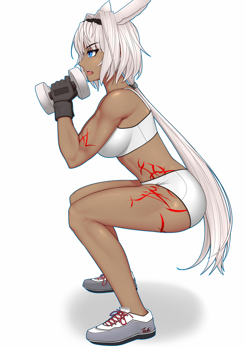 1girl animal_ears bikini black_gloves blue_eyes body_markings breasts caenis_(fate) dark_skin dog_ears dumbbell fate/grand_order fate_(series) from_side full_body gloves hair_intakes highres large_breasts open_mouth ponytail_holder ryu_seung shadow shoes sneakers solo sports_bikini squatting swimsuit tattoo white_background white_bikini