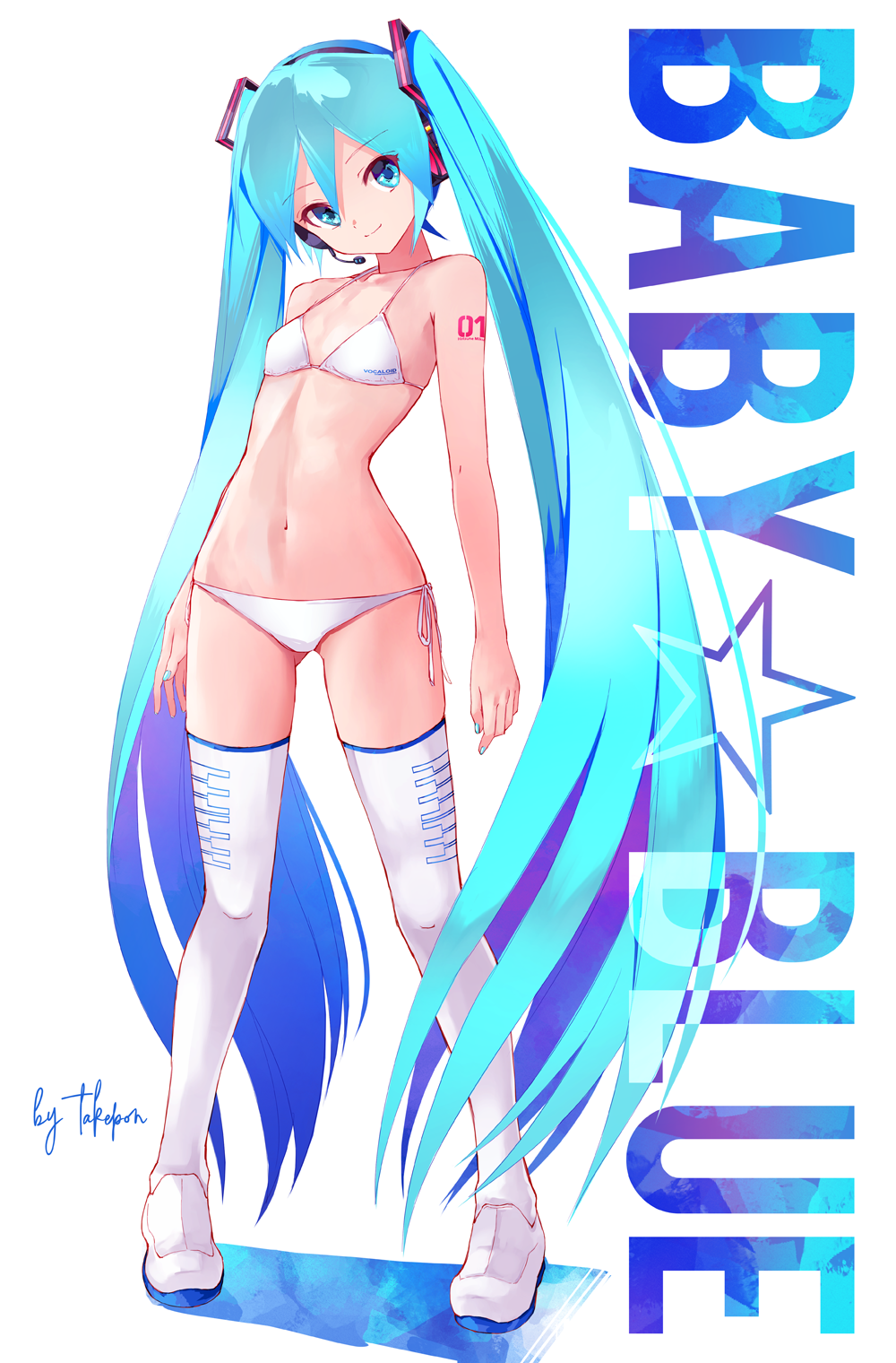 1girl aqua_eyes aqua_hair aqua_nails artist_name ass_visible_through_thighs bare_arms bare_shoulders bikini boots closed_mouth clothes_writing commentary english_commentary english_text flat_chest hatsune_miku headset highres long_hair looking_at_viewer nail_polish navel number_tattoo ribbon shoulder_tattoo side-tie_bikini signature simple_background smile solo star stomach string_bikini swimsuit takepon1123 tattoo thigh-highs thigh_boots twintails very_long_hair vocaloid white_background white_bikini white_footwear white_ribbon