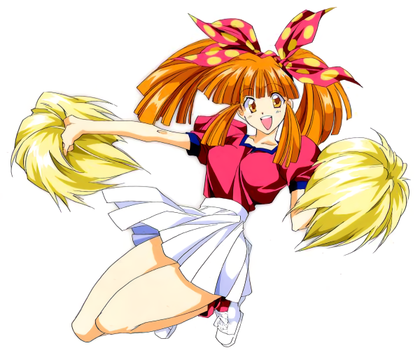 1990s_(style) 1girl asuka_120_percent full_body long_hair open_mouth orange_eyes orange_hair pleated_skirt pom_poms puffy_sleeves shoes short_sleeves simple_background skirt sneakers solo suzuki_megumi twintails white_background white_footwear white_skirt