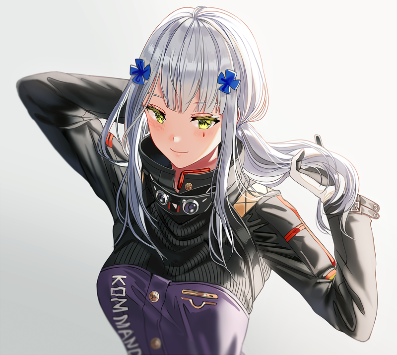 1girl blush closed_mouth facial_mark girls_frontline gloves green_eyes grey_background hair_ornament hk416_(girls_frontline) jacket long_hair long_sleeves looking_at_viewer purple_jacket sidelocks silence_girl silver_hair smile solo teardrop upper_body white_gloves
