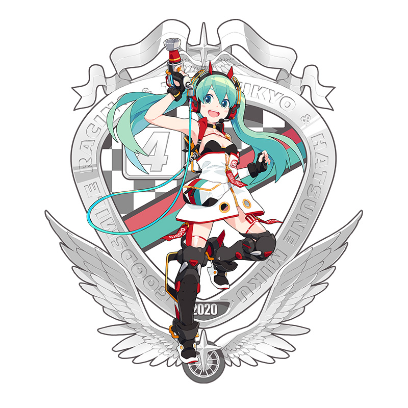 aqua_eyes aqua_hair badge bare_shoulders black_gloves cable character_name dress fingerless_gloves full_body gloves goodsmile_racing hatsune_miku headphones headset holding impact_wrench leg_up lena_(zoal) long_hair official_art open_mouth racing_miku racing_miku_(2020) shin_guards sleeveless sleeveless_dress smile star strapless strapless_dress twintails vocaloid wheel white_dress wings