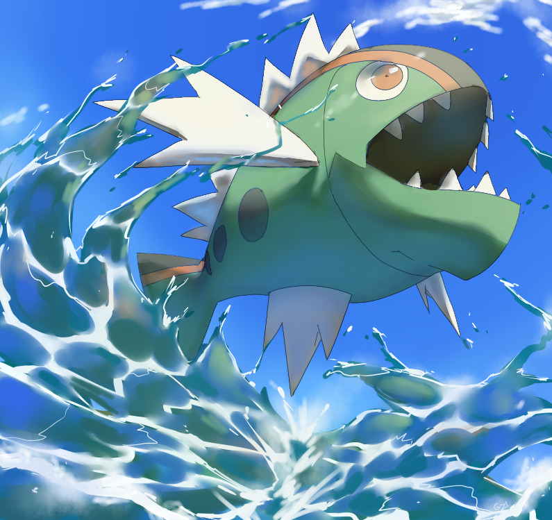 basculin basculin_(red) blue_sky clouds commentary day english_commentary fish fish_focus gen_5_pokemon jumping open_mouth outdoors pinkgermy pokemon red_eyes sharp_teeth sky splashing teeth water