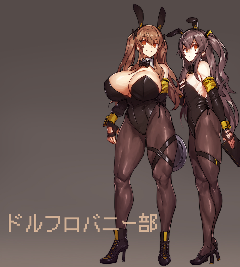 :o alternate_breast_size animal_ears breasts bunnysuit fake_animal_ears girls_frontline grey_hair high_heels huge_breasts long_hair melon22 orange_eyes orange_hair rabbit_ears small_breasts smile twintails ump45_(girls_frontline) ump9_(girls_frontline) very_long_hair