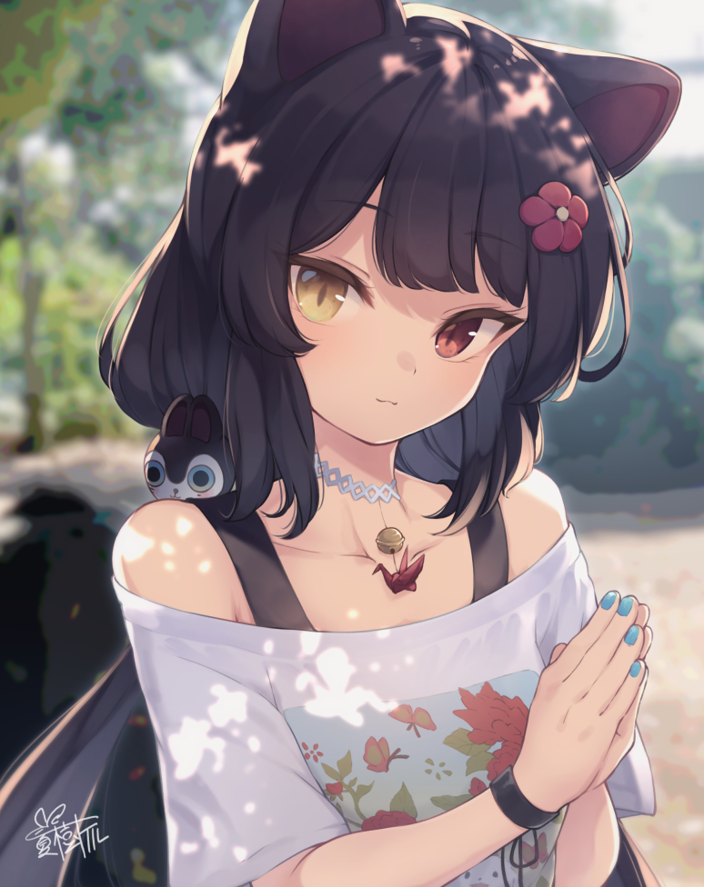 1girl animal_ears bangs bare_shoulders bell black_hair blue_nails blurry blurry_background blush brown_eyes closed_mouth collarbone commentary_request day depth_of_field dog_ears dog_hair_ornament eyebrows_visible_through_hair flower hair_flower hair_ornament hands_together hands_up heterochromia inui_toko jingle_bell long_hair low_twintails nail_polish natsuki_teru nijisanji off-shoulder_shirt off_shoulder outdoors own_hands_together palms_together red_eyes red_flower shirt signature smile solo twintails upper_body virtual_youtuber white_shirt