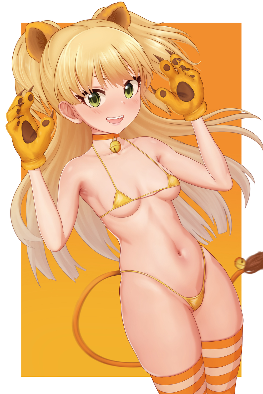 1girl :d aethos animal_ears armpits bell bell_collar bikini blonde_hair blush breasts choker claw_pose collar cowboy_shot fangs gloves green_eyes hair_between_eyes hands_up happy highres idolmaster idolmaster_cinderella_girls idolmaster_cinderella_girls_starlight_stage jougasaki_rika lion_ears lion_tail long_hair looking_at_viewer micro_bikini navel open_mouth orange_choker paw_gloves paws skin_tight skindentation small_breasts smile solo striped striped_legwear swimsuit tail tail_bell thigh-highs thighs two_side_up yellow_bikini